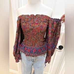 NWT Haute Hippie Large Rusted Floral Smocked Off-Shoulder Blouse